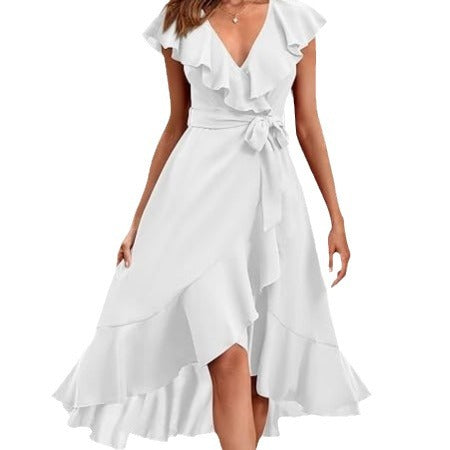 new V-neck short sleeve ruffled long temperament lace-up dress
