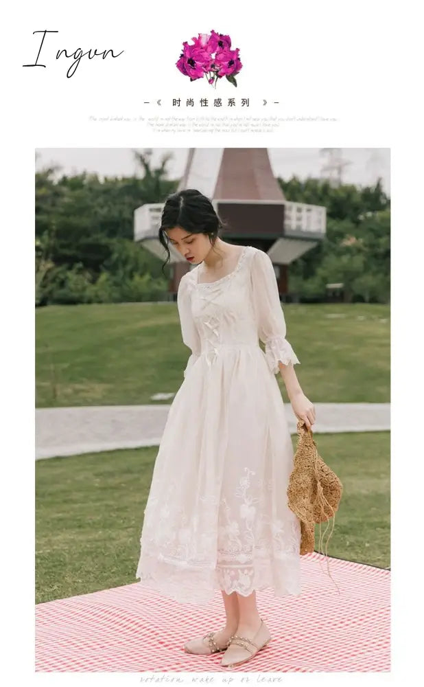 Ingvn - Vintage Retro Dress Women French Style Elegant Designer Fairy Dress Casual Slim Chiffon Party Dress  Autumn Women's Clothing