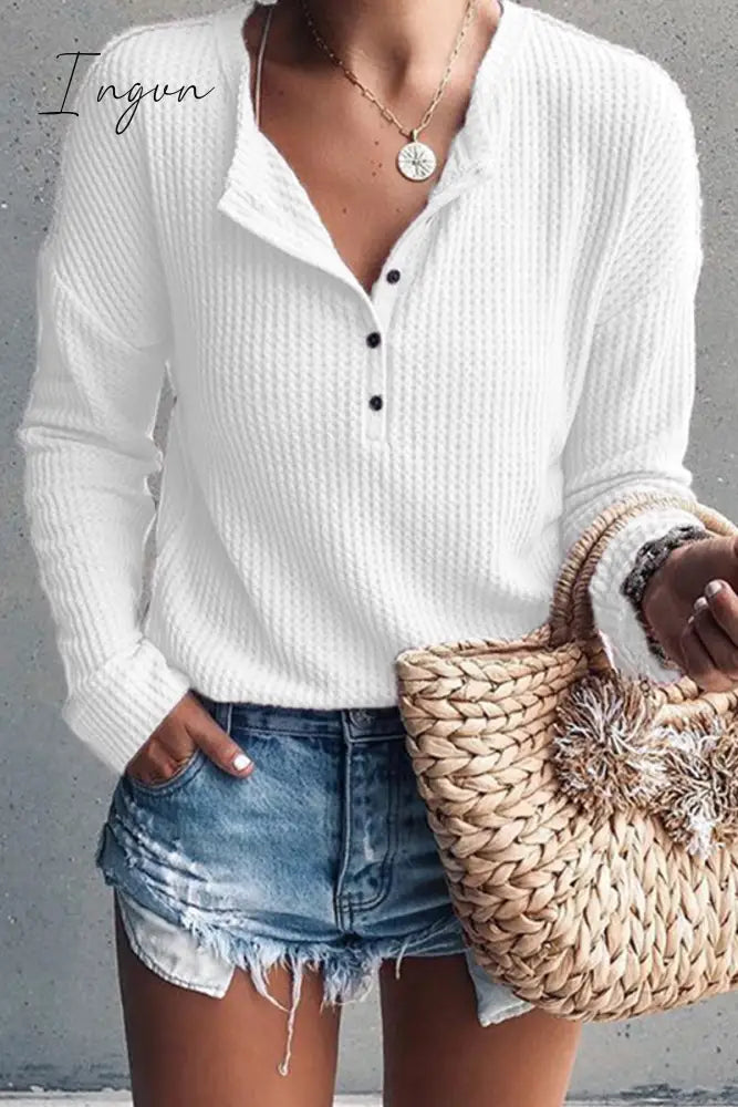 Ingvn - Casual Solid Buttons O Neck Tops