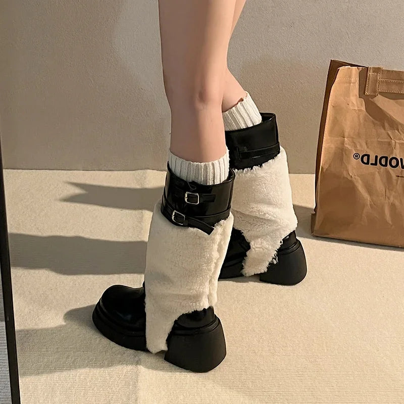 Ingvn  Platform Women Knee-High Boots Fashion Fur Removable Shoes Autumn Winter Thick Heel Women's Knight Long Booties