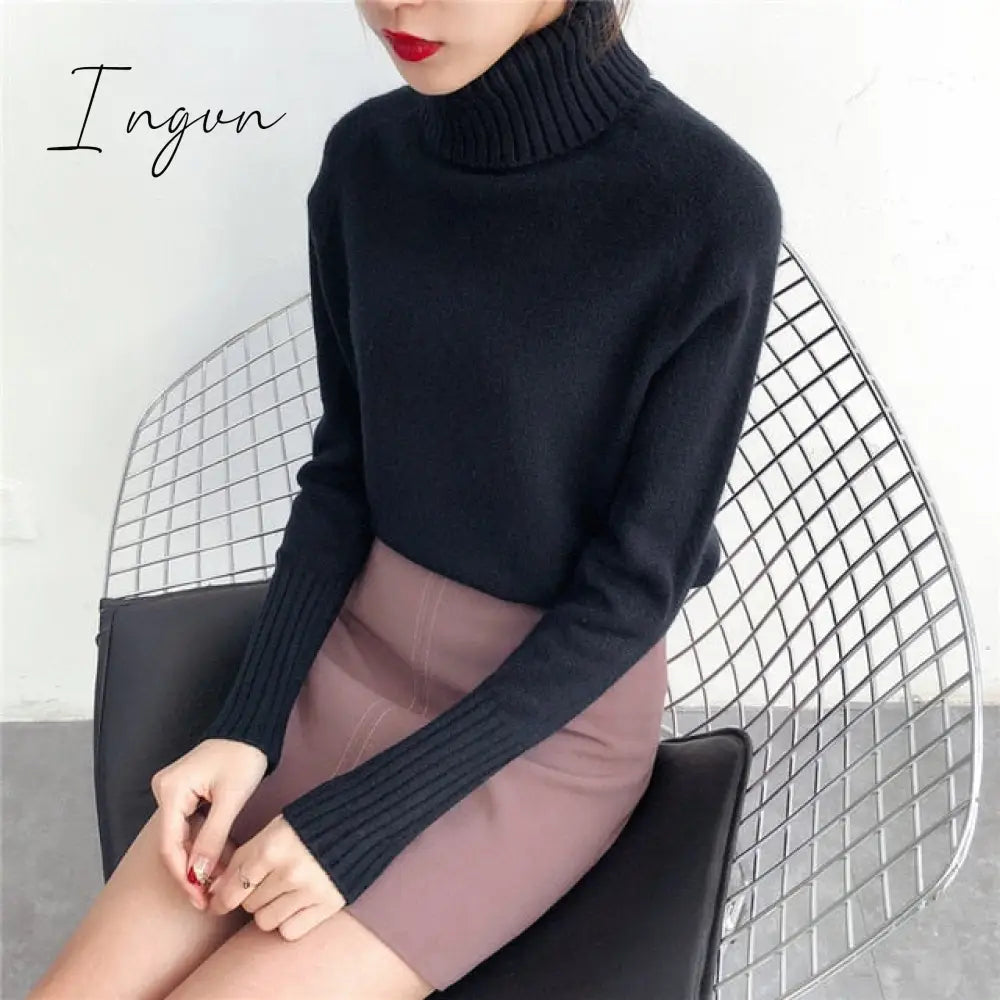Ingvn - Cashmere Knitted Sweater Women Autumn Winter Korean Turtleneck Long Sleeve Pullover Female Jumper Green Knitwear