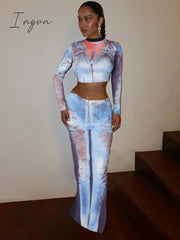 Ingvn - Print Two Piece Set Women Autumn New O Neck Long Sleeve T-shirt And Long Skirt Suits Fashion Sexy Printed Skirt Sets
