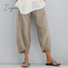 Ingvn - Vintage Harem Pants Women Casual Loose Printed Elastic Waist Cotton Linen Wide Leg Pants Summer Irregular Pantalon Cropped Pants
