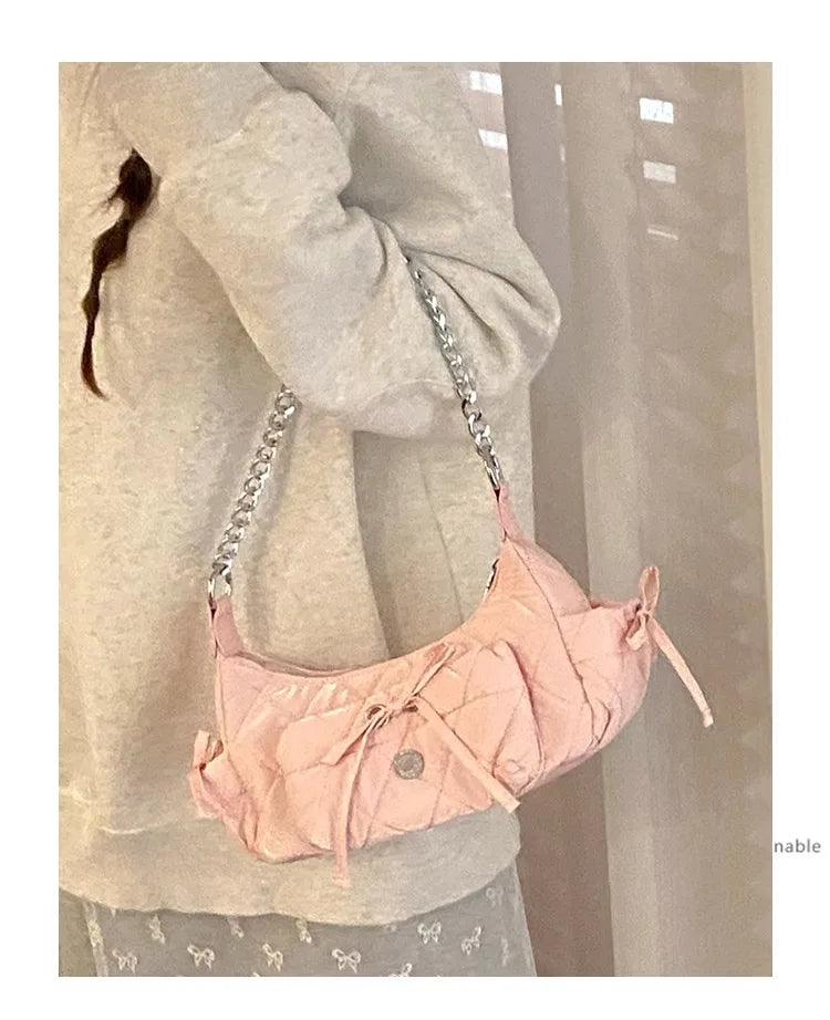 INGVN  Elegant Pink Shoulder Bag for Women Summer Fashion Leather Casual Cute Handbag Chains Hot Girls Daily Gentle Armpit Bag