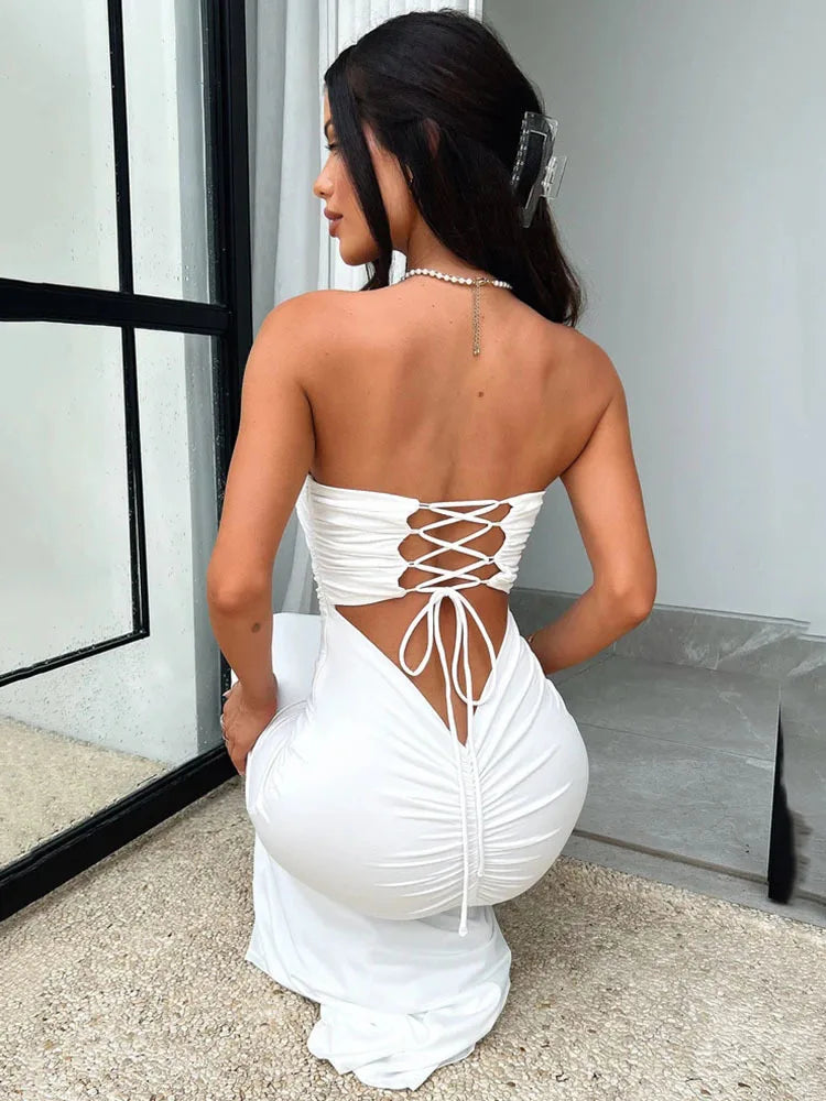 Sexy Sleeveless Bodycon Hollow Out Dress For Women Lace Up Pleats Slim Maxi Female Vestidos Elegant Party Evening Dress