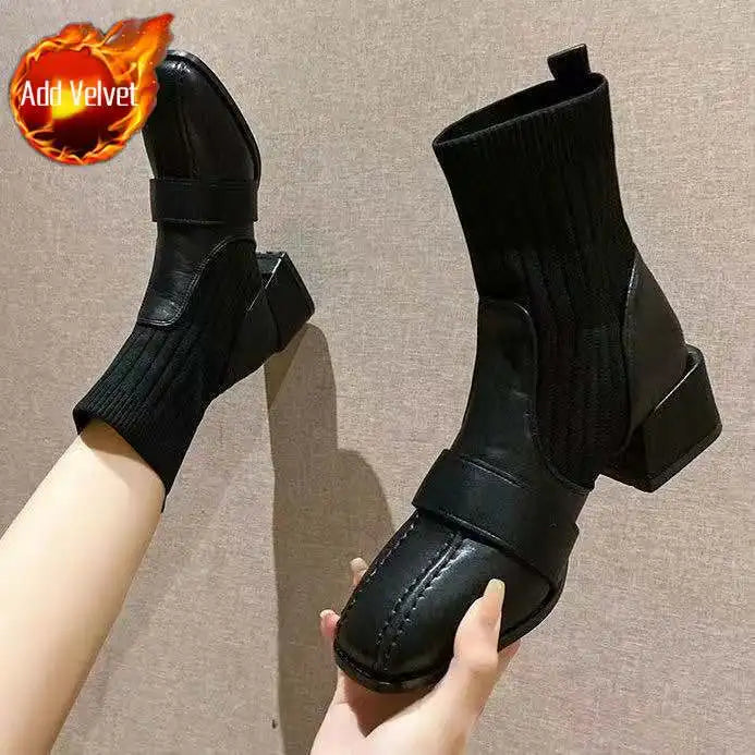 Ingvn  Female Ankle Boots Sock Short Shoes For Women Elastic Booties Brown Footwear Comfortable And Elegant On Offer Korean Style Pu