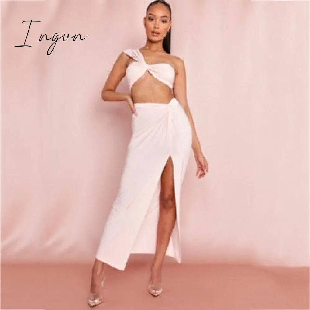 Ingvn - 2023 Fashion Trends Sexy Strapless Wrap Top and Split Maxi Skirts Fall Sleeveless Outfit Two Piece Set Night Club Party Matching Set