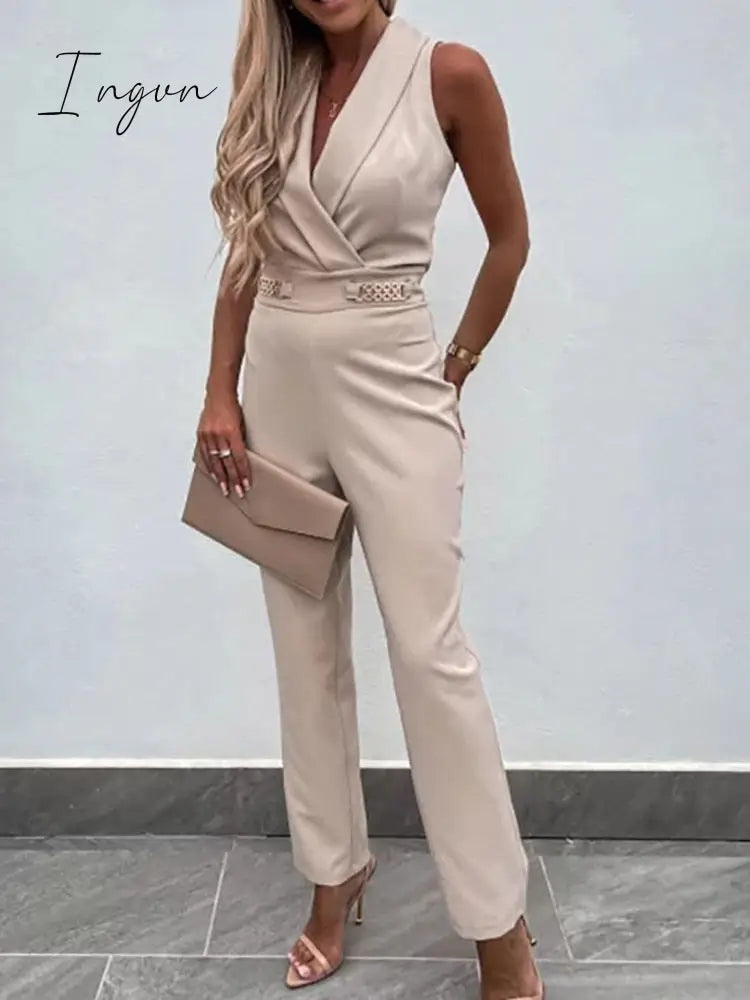 Ingvn - Female Backless V Neck Solid Zipper Jumpsuit Off Shoulder Sleeveless Overalls With Pockets Casual Women Summer Slim Long Rompers