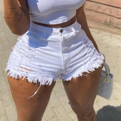 Ingvn - New Summer Ripped Hole Hollow Out Jeans For Women High Waist Sexy Tassels Cut Open Button Slim Denim Shorts Pants