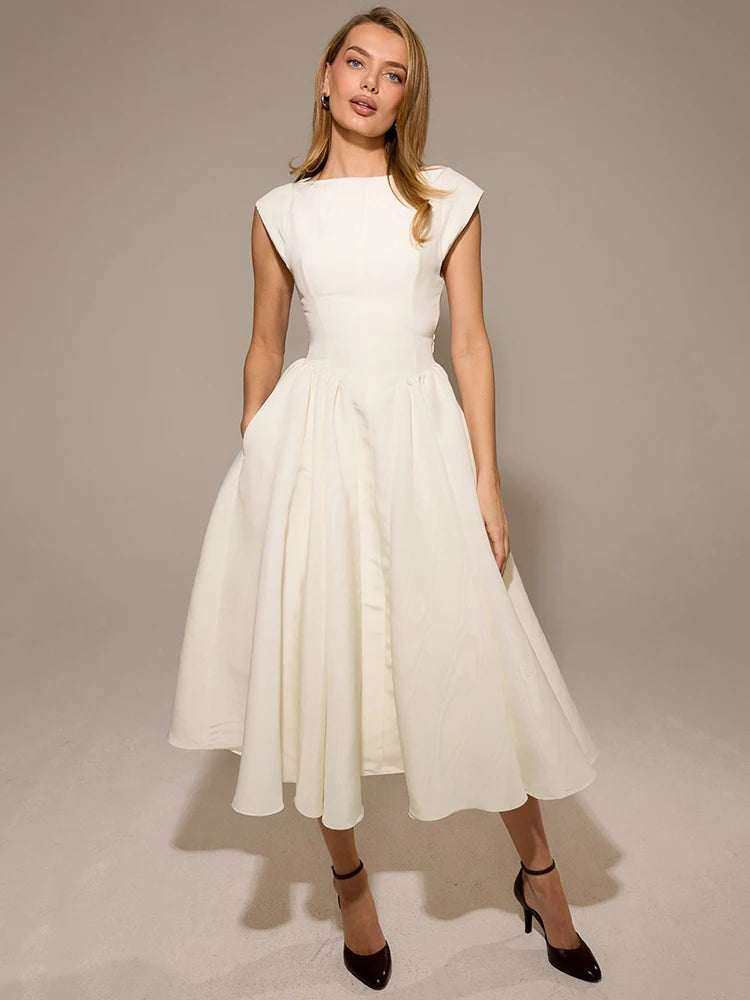 White Backless A-line Sexy Maxi Dress For Women Gown Solid Hollow Out Sleeveless High Waist Club Pleated Dress Elegant
