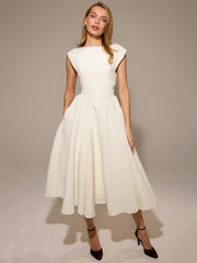 White Backless A-line Sexy Maxi Dress For Women Gown Solid Hollow Out Sleeveless High Waist Club Pleated Dress Elegant