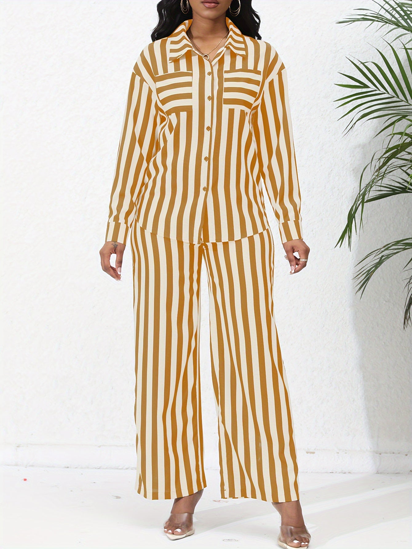 Chic Striped Print Two-Piece Outfit Set - Comfortable Button-Down Shirt & Flowy Wide Leg Pants - Casual Everyday Wear for Women
