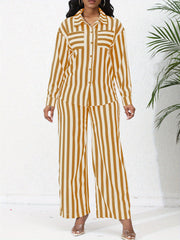 Chic Striped Print Two-Piece Outfit Set - Comfortable Button-Down Shirt & Flowy Wide Leg Pants - Casual Everyday Wear for Women