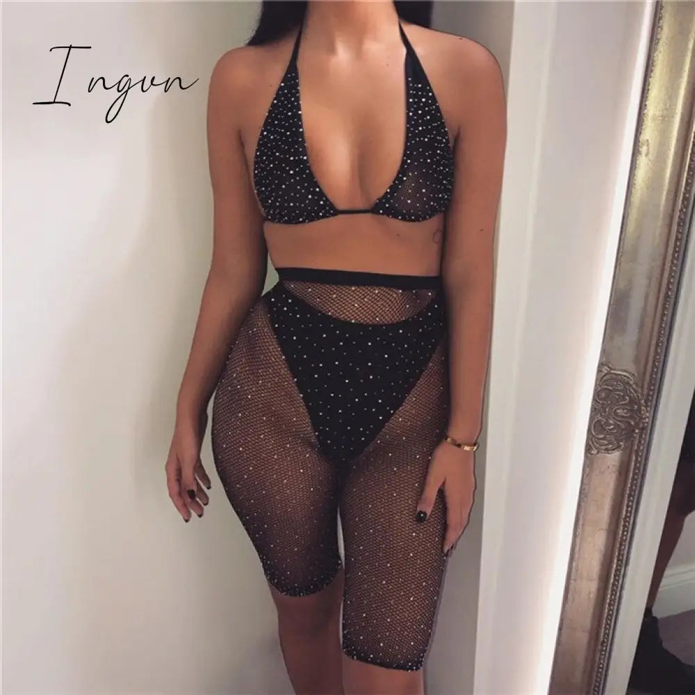 Ingvn - Trends Fishnet Grid See Through Neon Outfits Bandage Low Cut Sexy Backless Crop Top High Waist Skinny Shorts Women Party 2 Piece Sets