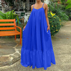 Ingvn - Summer Dress Women Sexy Short Sleeve Ruffled Maxi Long Dress Casual Loose Solid Pleated Beach Vestido Robe Plus Size