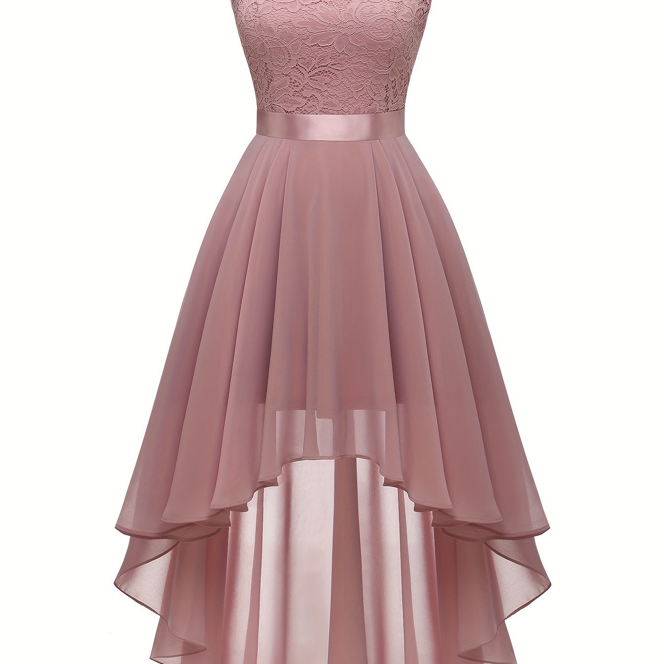 Contrast Lace Asymmetric Hem Wedding Dress, Elegant Solid Bow Waist Tank Dress For Party & Banquet, Homecoming Dress, Women's Clothing