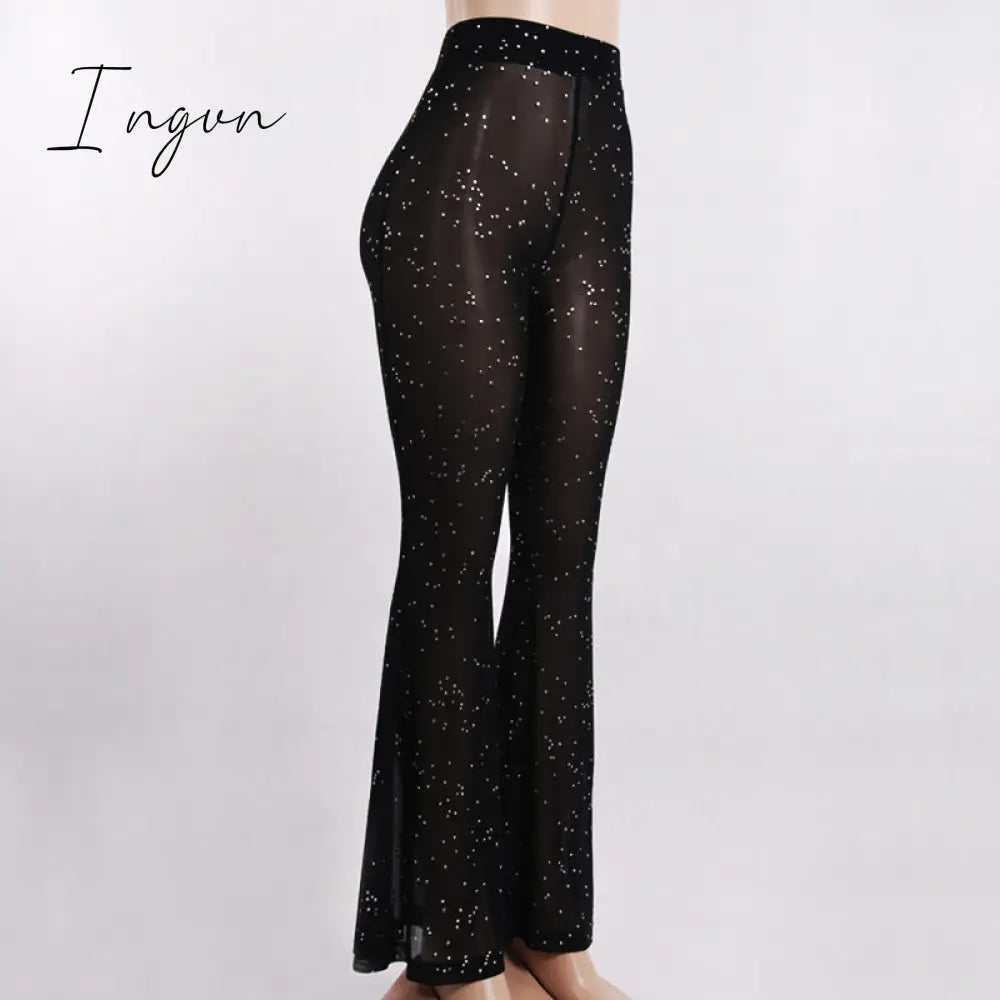 Ingvn - Hot Sparkly Rhinestone Black Mesh Sexy Flare Pants Streetwear Rave Bottoms See Through Beach Bell Bottom Pants C66-BE16