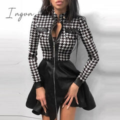Ingvn - Sexy Stand Collar Print Zipper Long Sleeves Mini Dress Casual Autumn Winter Fashion Pocket Pu Leather Dress Elegant Slim Dresses