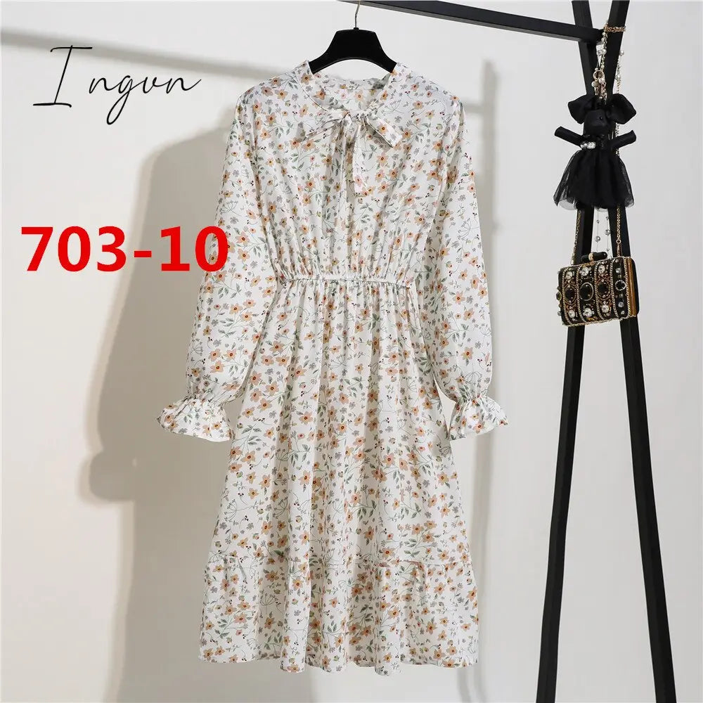 Ingvn - 11 Style Beautiful Fashion Summer Women Long Sleeve Dress Retro Collar Casual High Waist Dresses Floral Print Chiffon Clothing