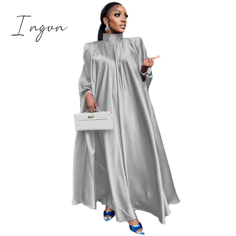 Ingvn - Women Oversized Dresses Mock Neck Batwing Sleeve Loose Large Sparkly Robes Vintage Blue Party Event Occasion Christmas Gowns