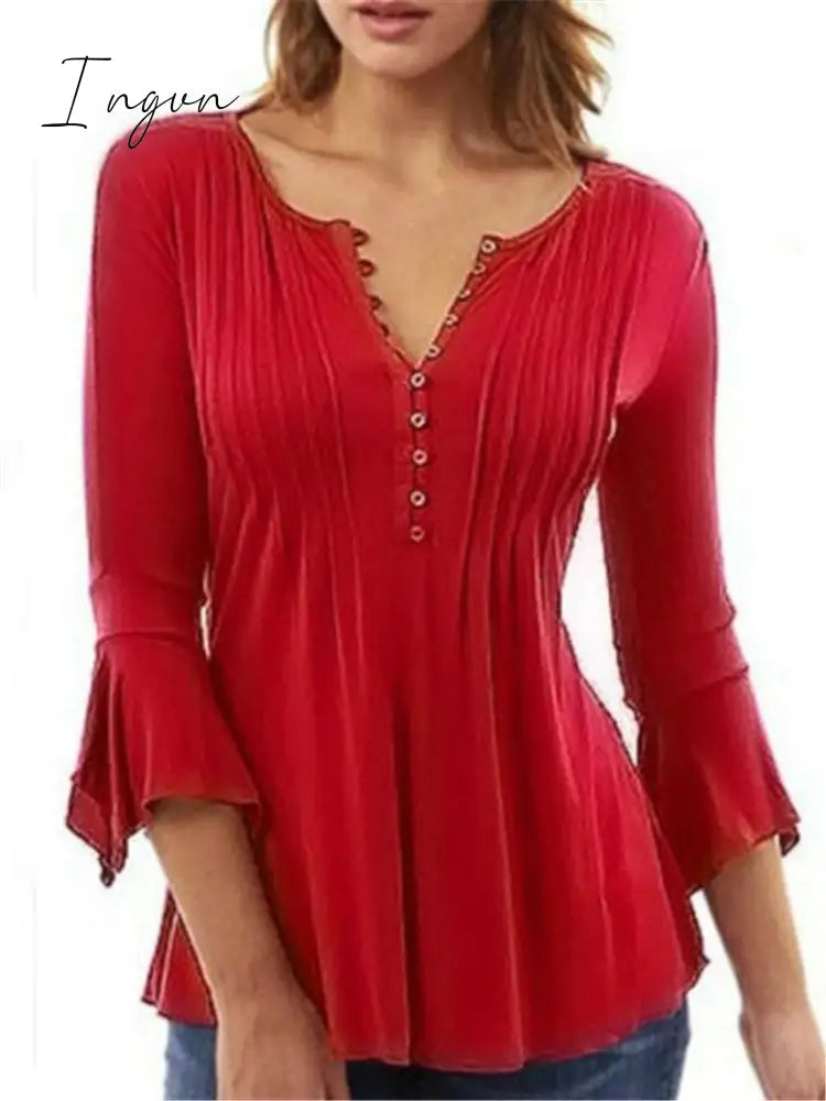 Ingvn - Pleated V-neck Flared Sleeve Plain Color Blouse For Women