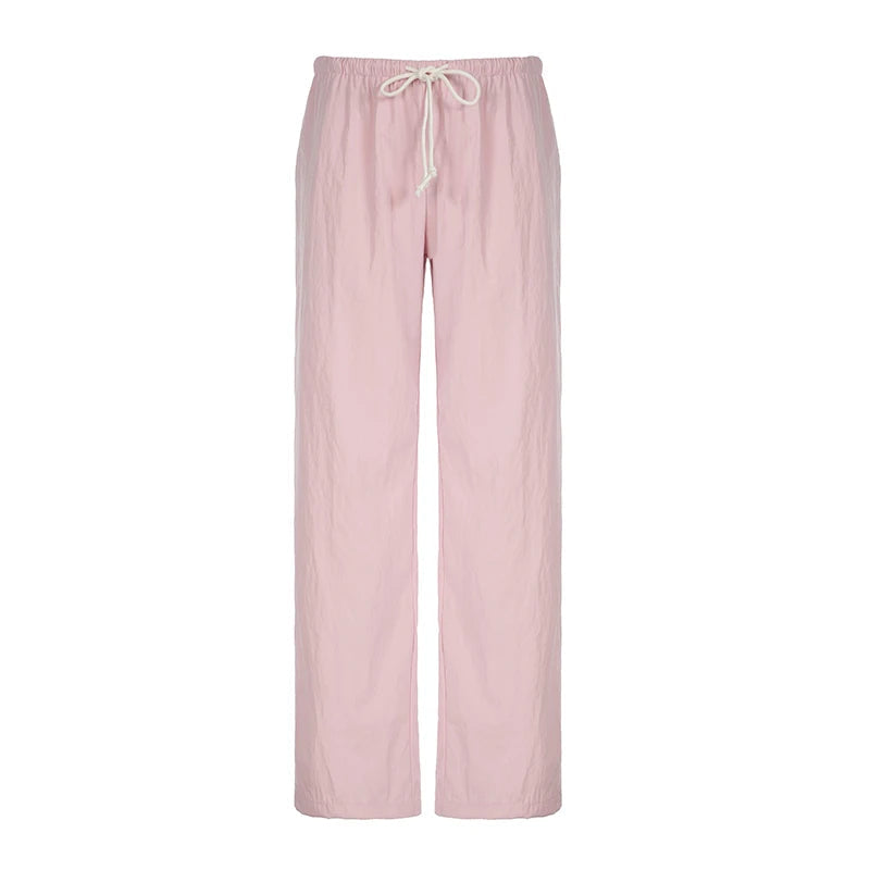 Drawstring Low Rise Pink Casual Pants y2k Basic See Through Pants y2k Aesthetic Straight Trousers for Women Korean Style