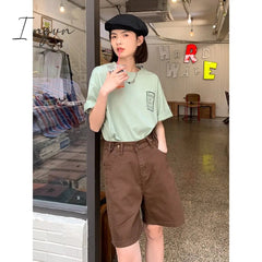 Ingvn - Women's Short Summer High Waist Jeans Baggy Straight Five Points Trousers Streetwear Vintage Mom Denim Wide Leg Short Pants
