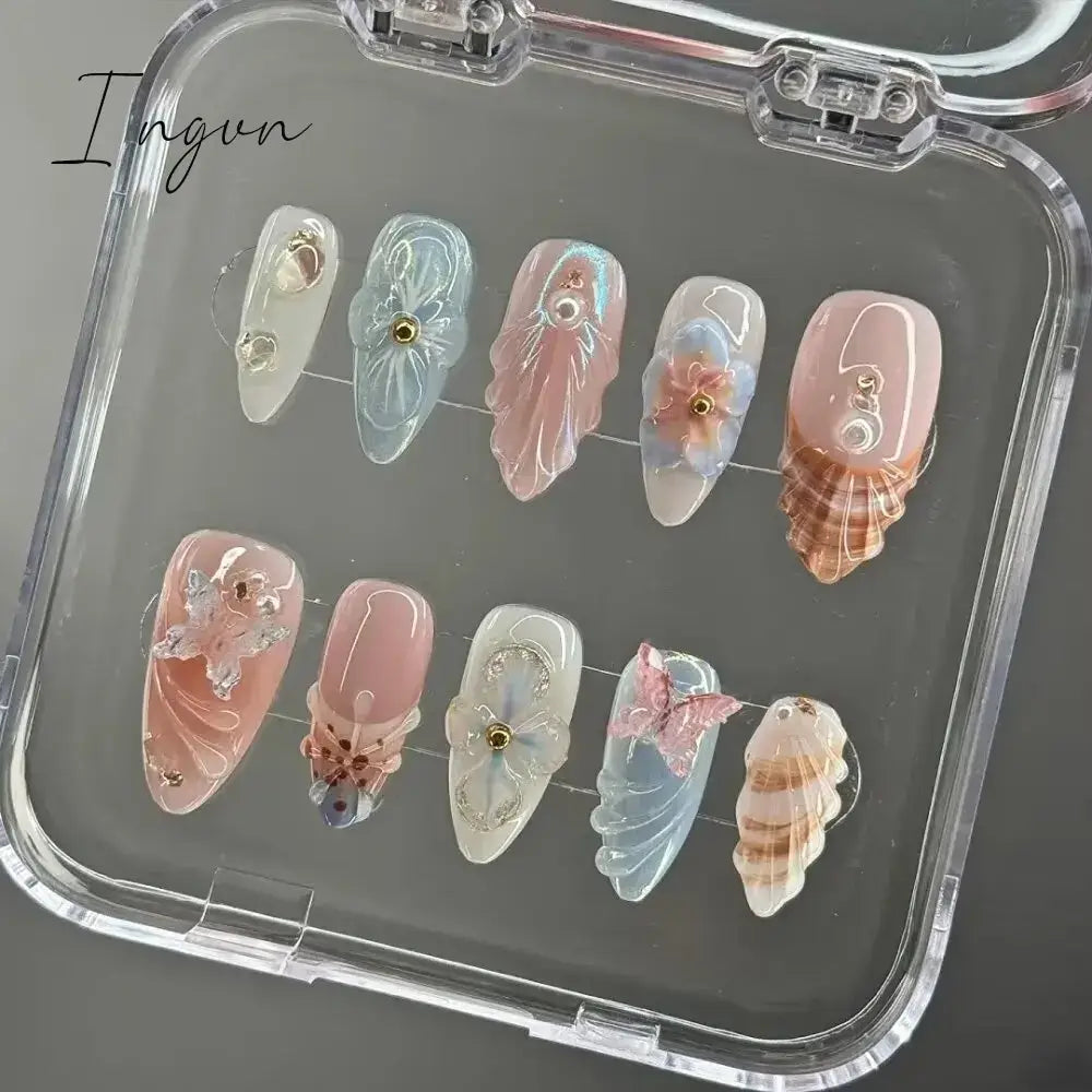 10Pcs Handmade Manicure Medium Almond Ballet Fake Nails Shell Limite Nails Press On Nails Design with Adhesive Nail File Set