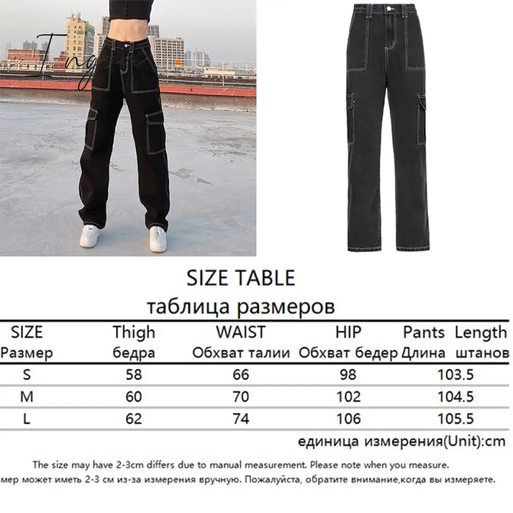Ingvn - Brown Vintage Baggy Jeans Women 90s Streetwear Pockets Wide Leg Cargo Pants Y2K Low Waist Straight Denim Trousers