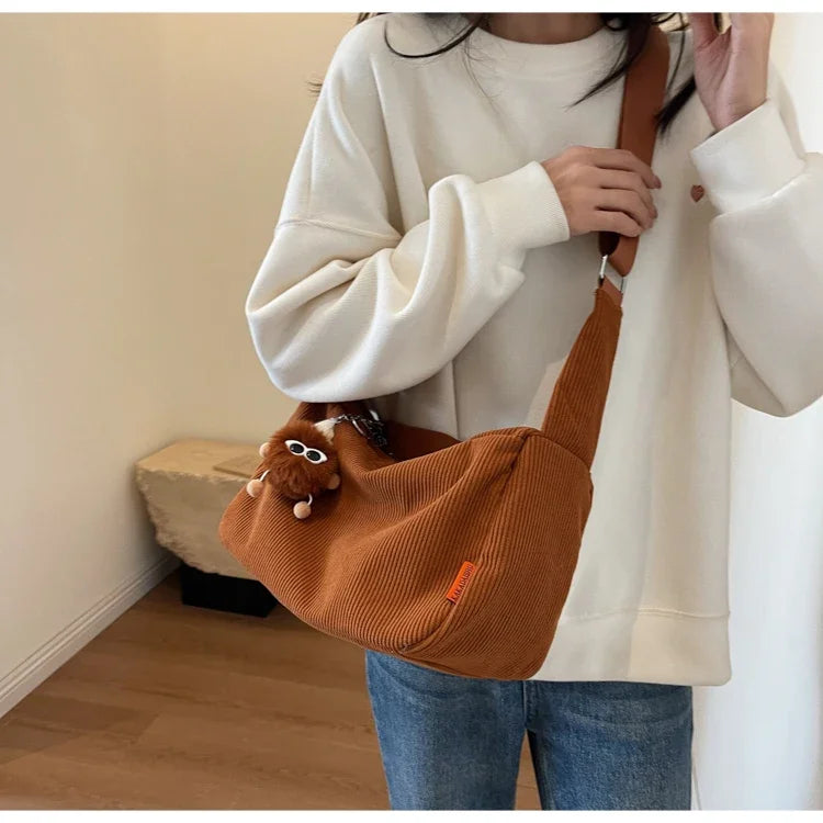 Ingvn  Large Capacity Corduroy Women's Shoulder Bag Solid Color Casual Travel Female Messenger Bags Simple Retro Ladies Handbags