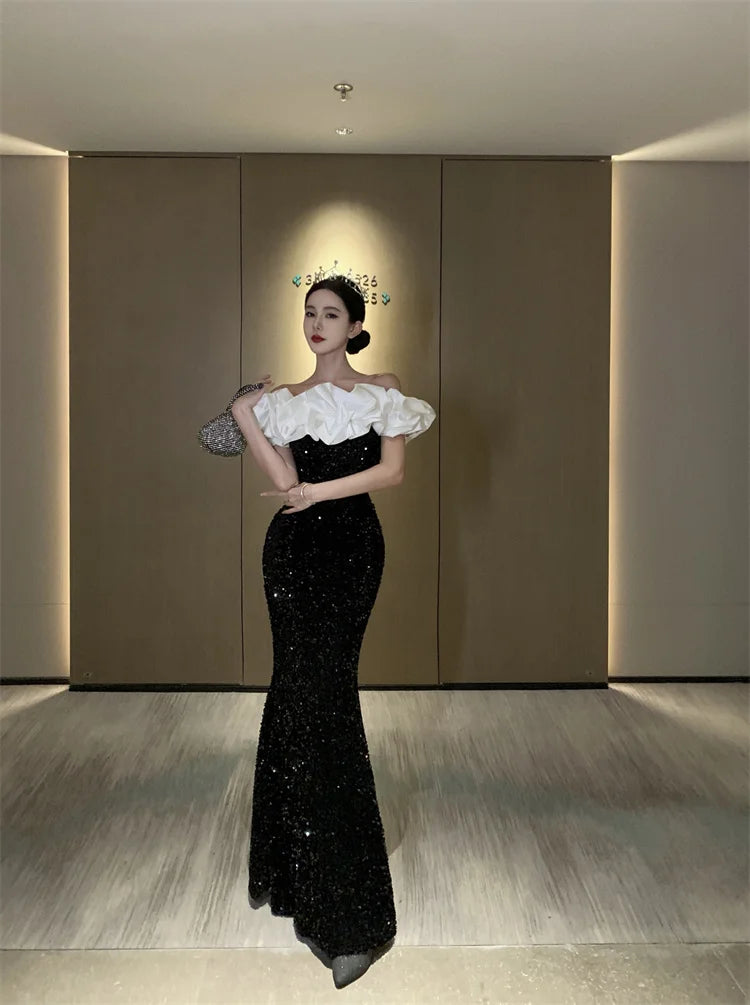 Elegant Bodycon Velvet Sequined Long Dresses for Women Patchwork Slim Mermaid Evening Party Dress Prom Robe Vestidos Mujer New