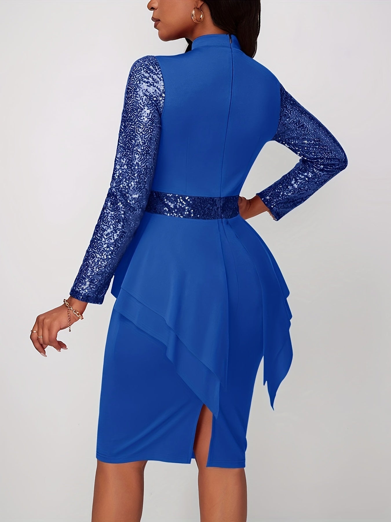 Solid Sequin Long Sleeve Tie Waist Dress, Vintage Bag Hip Bodycon Pencil Dress, Women's Clothing