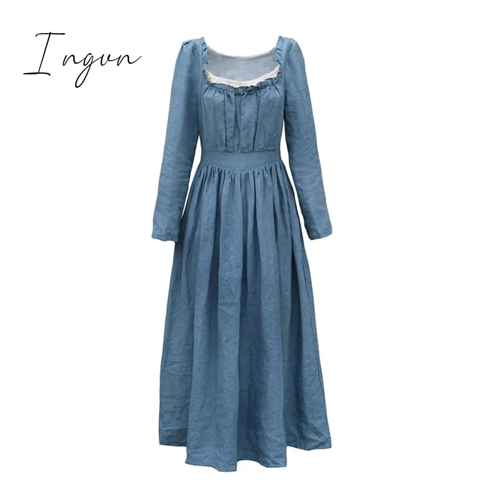 Ingvn - Spring Autumn Women 100%Linen Coffee Long Dress Ladies Victoria Royal Vintage Elegant Long Sleeve  High Waist Dress robe longue