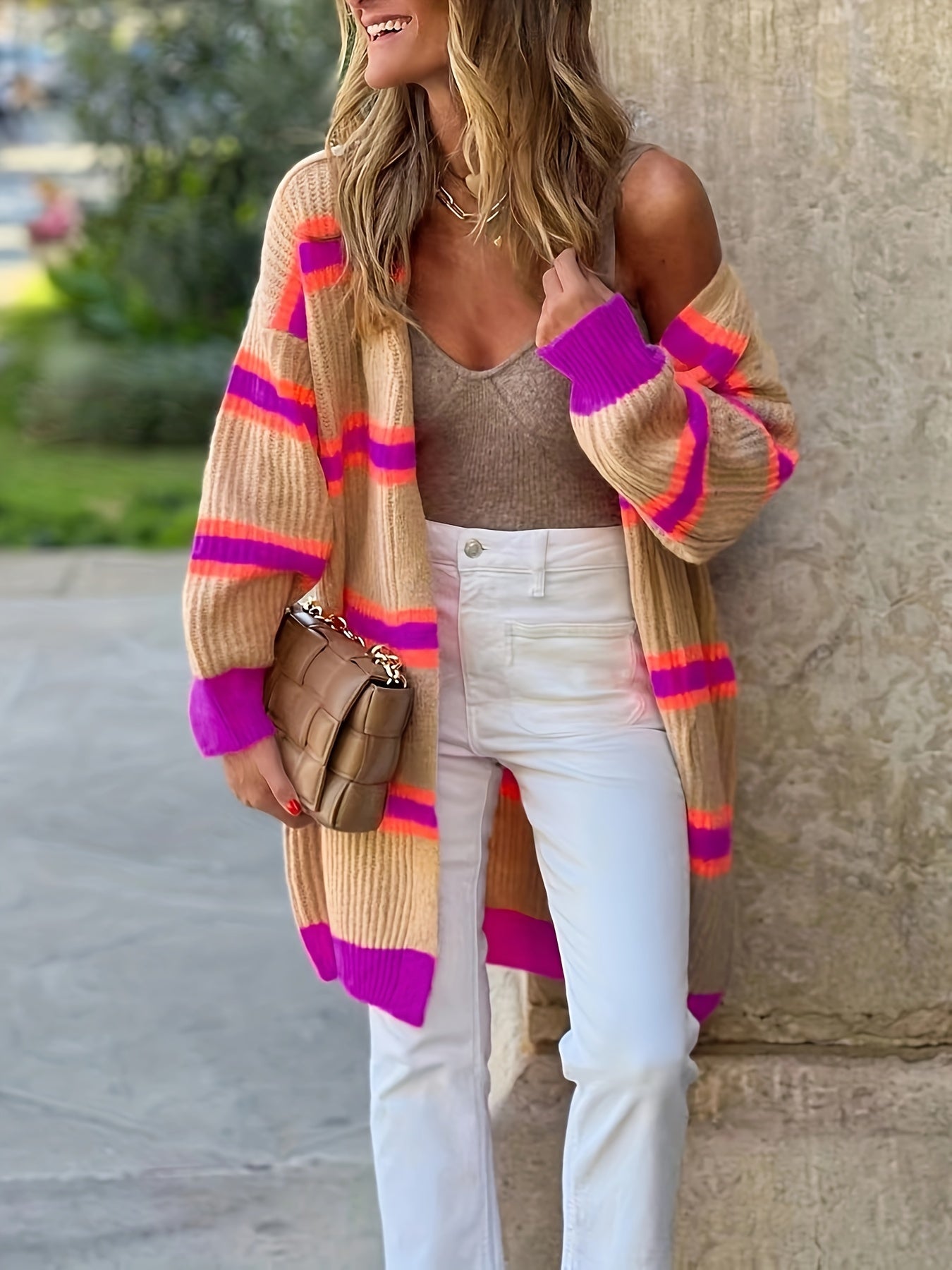 Stylish Striped Long Cardigan Sweater - Women's Fashion Cardigans - Soft Polyester Open Front Shawl with Color Block Design, No Collar, and Chic Winter Style - Perfect for Casual Daily Wear