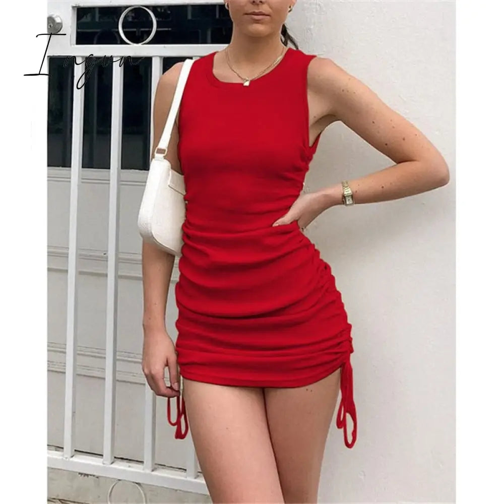 Ingvn - Cotton Ruched Drawstring Sexy Party Dress Women Sleeveless Elastic Mini Dress Vintage Summer Bodycon Club Wear Vestidos