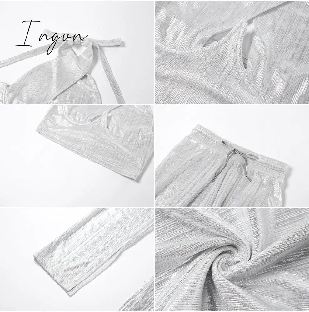Ingvn - Sexy Bright Women 2-Piece Suits Criss Cross Halter Camisole Tops+Skinny Split Pants Sportswear Female Night Clubwear