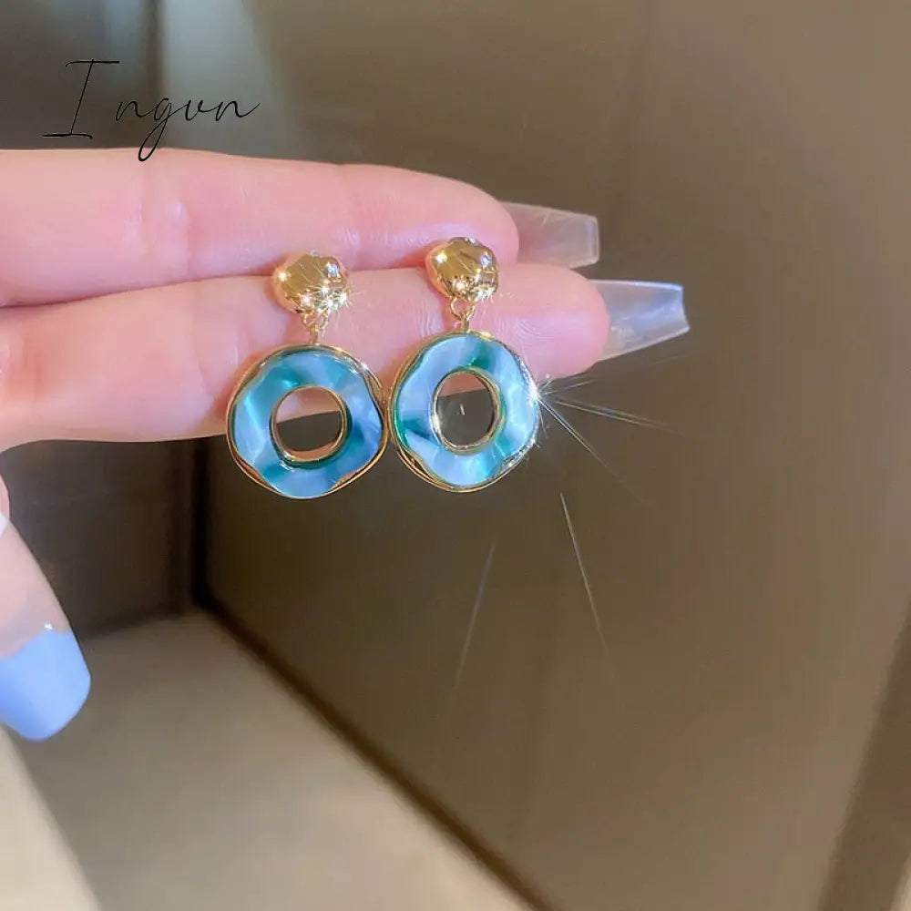 Ingvn - 2023 French Trend Fashion Round Irregular Earrings Exquisite Green White Copper 18K Gold Plated Drop Ear Studs Jewelry