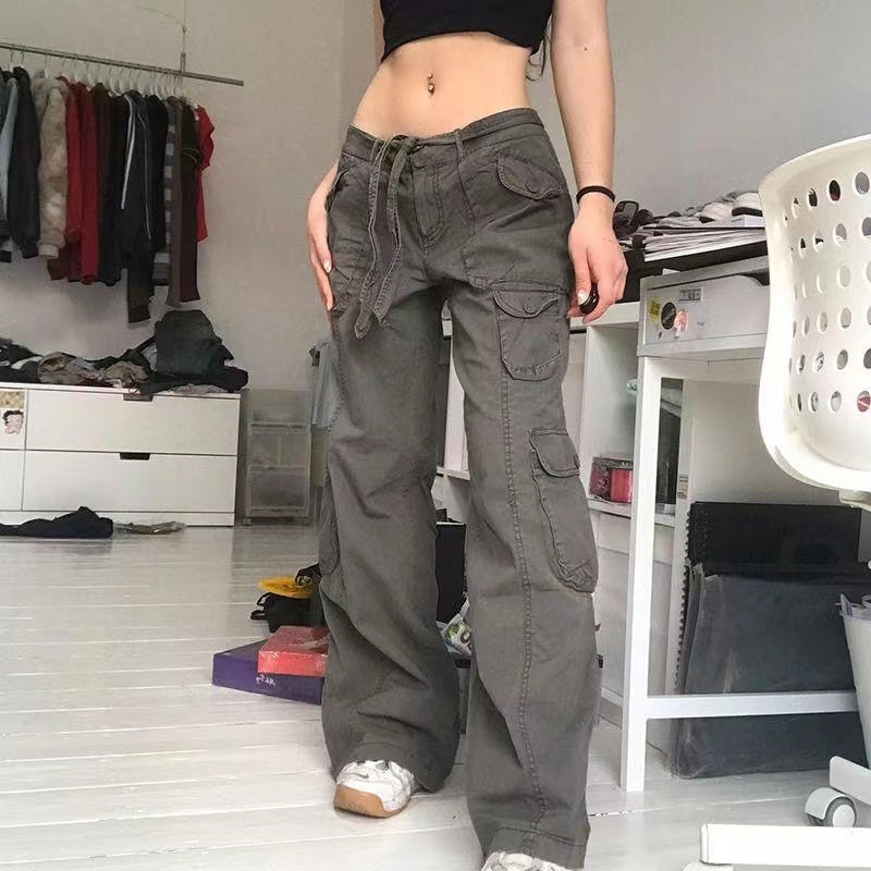 Voguable  Fashion American Trousers High Street Retro Gray Cargo Pants  Woman Sexy Low Waist Baggy Pants Casual Trousers Streetwear