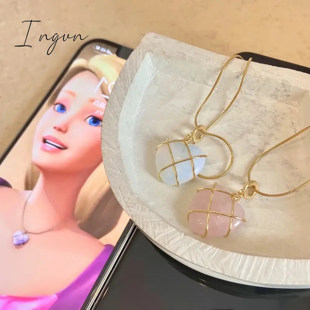 Fashion Opal Heart Necklace Crystal Castle Necklace For Woman Girls Rose Quartz Barbie Necklace Jewelry Accessories Gift