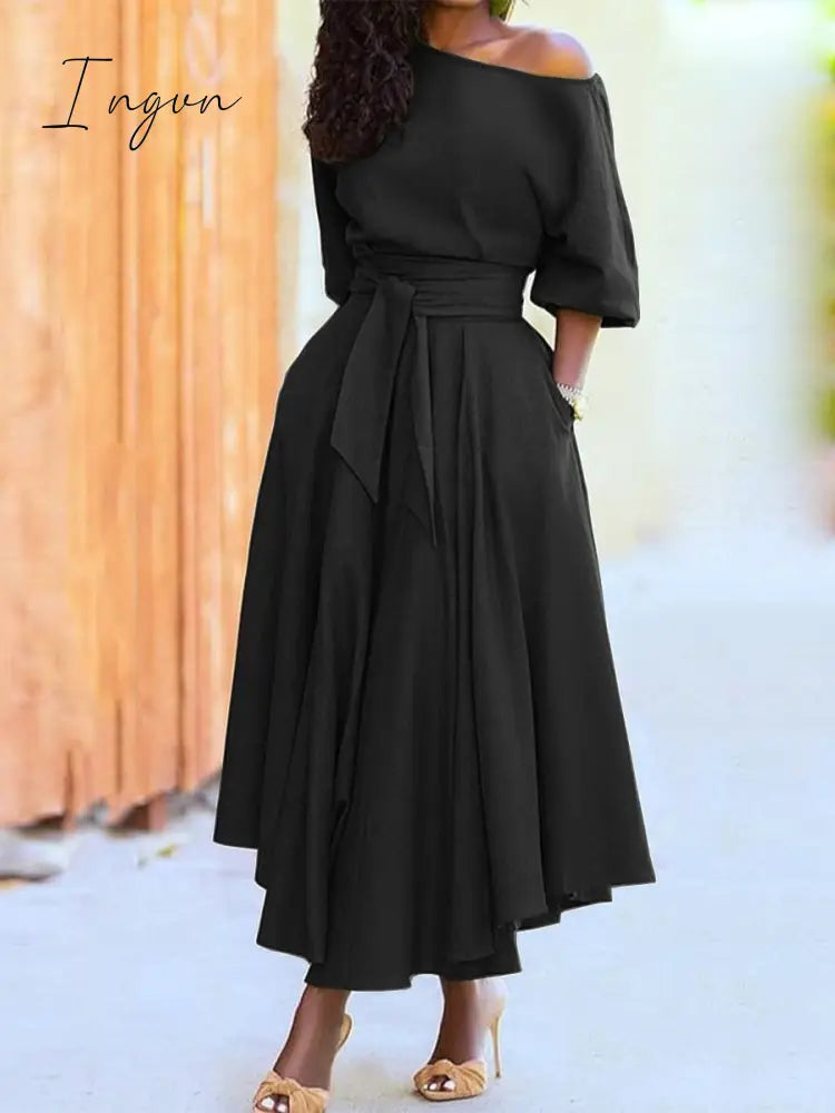 Ingvn - 2023 Spring Elegant Women's Long Formal Dress Black Lace Up Off Shoulder A-line Dresses Female New Occasion Evening Clothes Lady