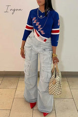 Ingvn - Casual Solid Patchwork High Waist Regular Denim Jeans
