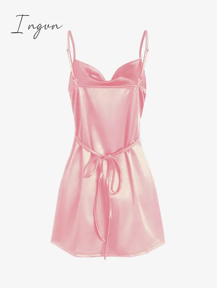 Ingvn - Women's Sexy Satin Dress Spaghetti Strap Slips Nightwear Side Slit Cocktail Party Silk Mini Dresses
