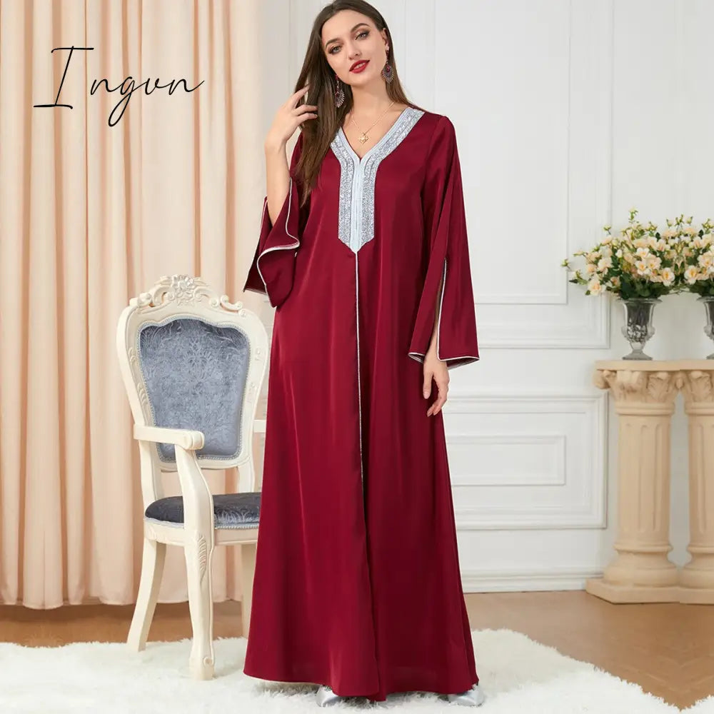 Ingvn - Party Dress Muslim Women Abaya Prayer Caftan V Neck Diamond Maxi Dresses Robe India Abayas Dubai Longue Vestidos Largos