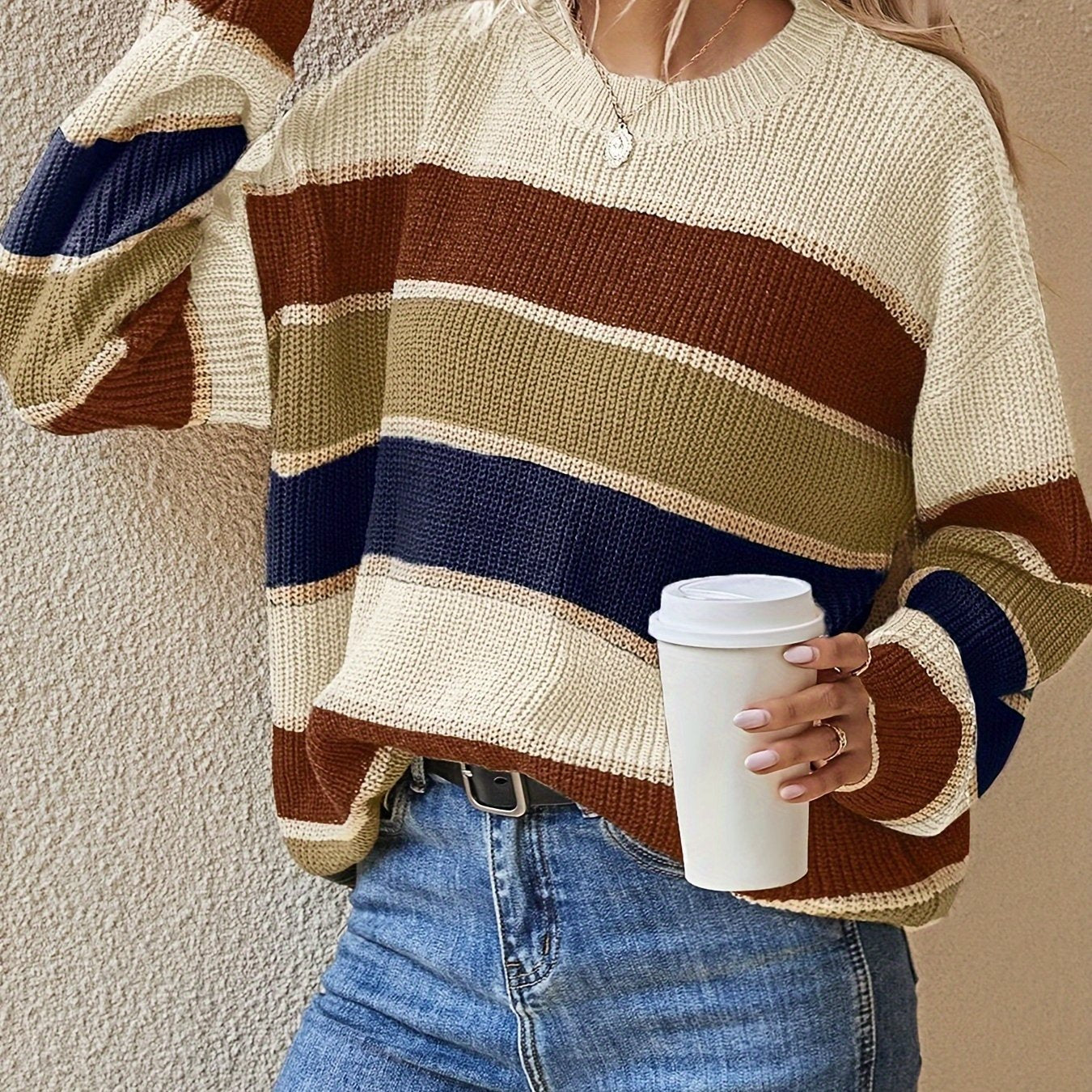 1pc Acrylic Elegant Women's Color Block Striped Pullover Sweater - Crew Neck, Long Sleeve, Regular Fit, Non-Stretch, Fall/Winter Fashion Top