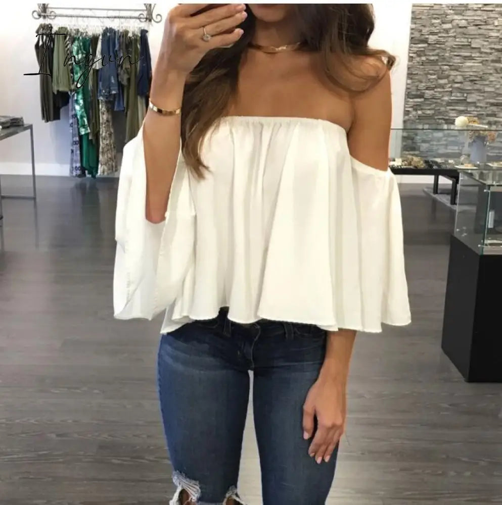 Ingvn - Summer T-shirt Women Fashion Sexy Chiffon Off Shoulder Shirts Strapless Short Sleeve Beach Tops Tee Feminine 5XL