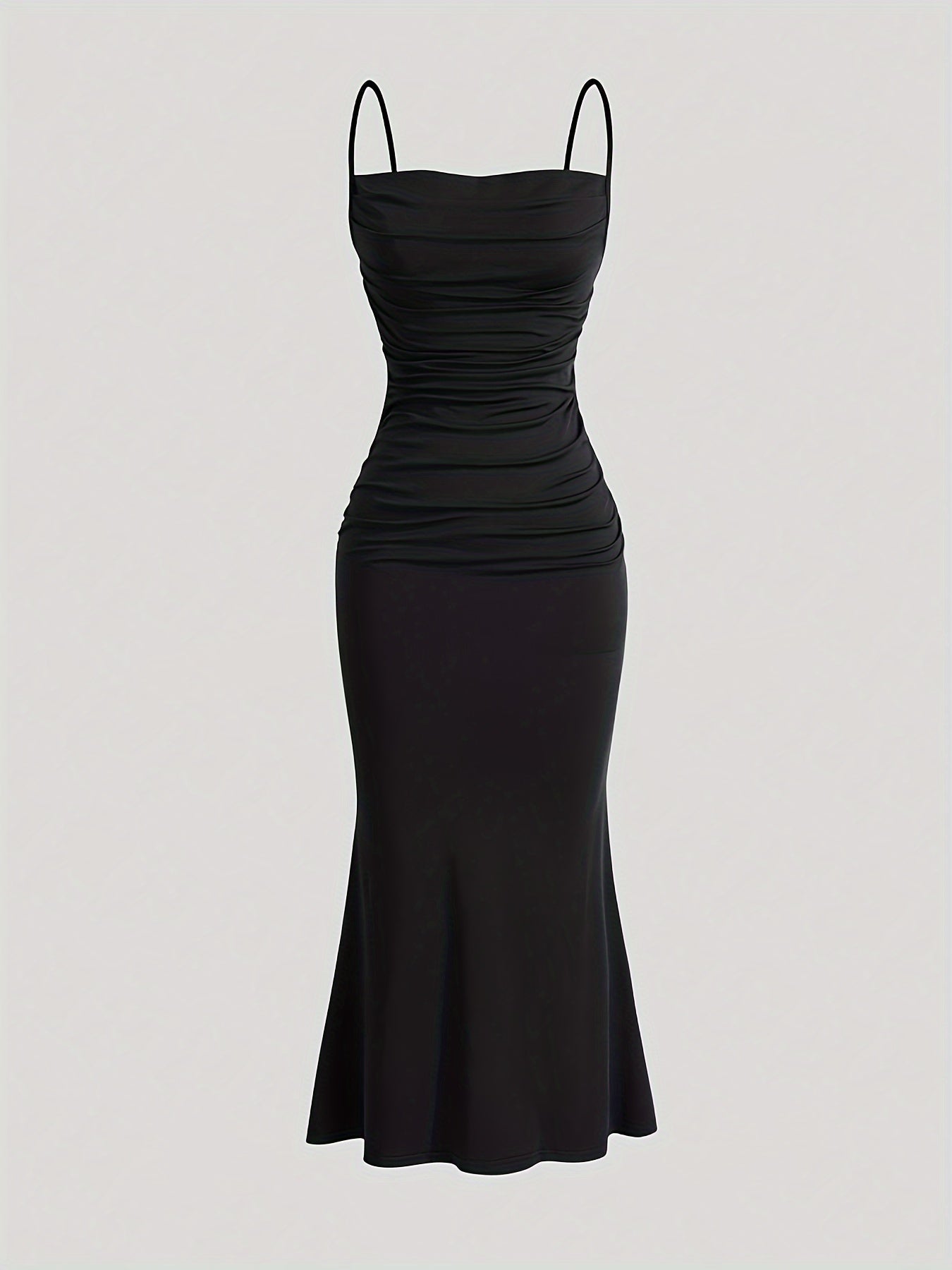 Sexy Fit and Flare Mermaid Hem Dress - Spaghetti Strap, Micro Elasticity, Ruched Front, Solid Color, Polyester, Machine Washable - Perfect for Summer and Spring, Womens Clothing