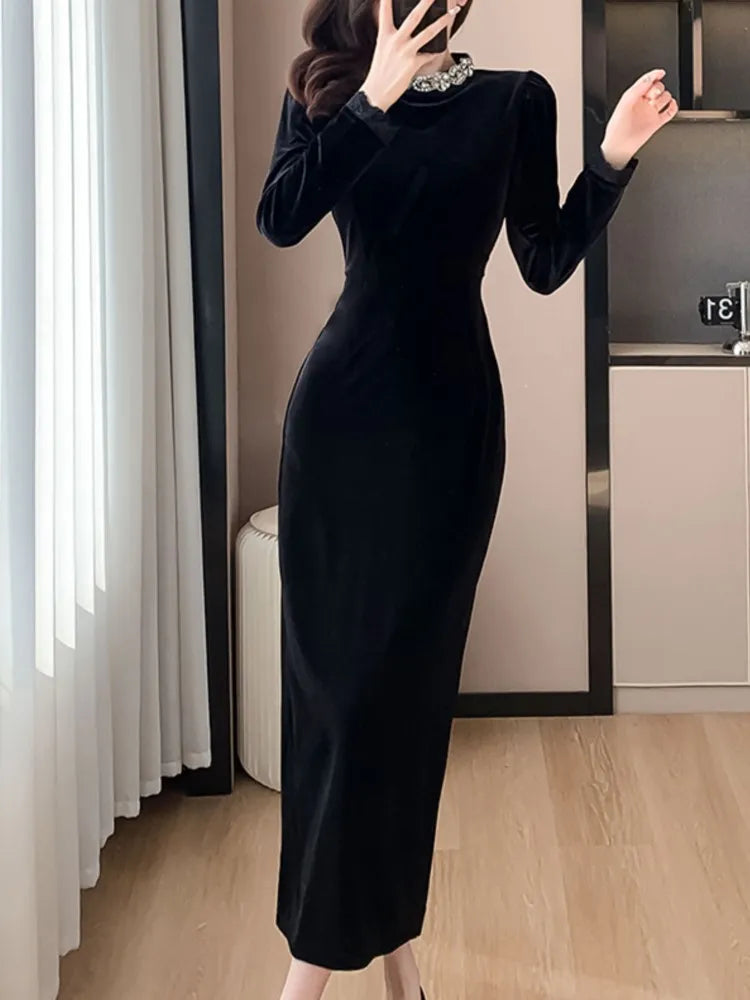 Autumn Velvet Slim Dress for Women Elegant Long Sleeve Diamond-encrusted Evening Party Robe Solid One Piece Casual Clothes New