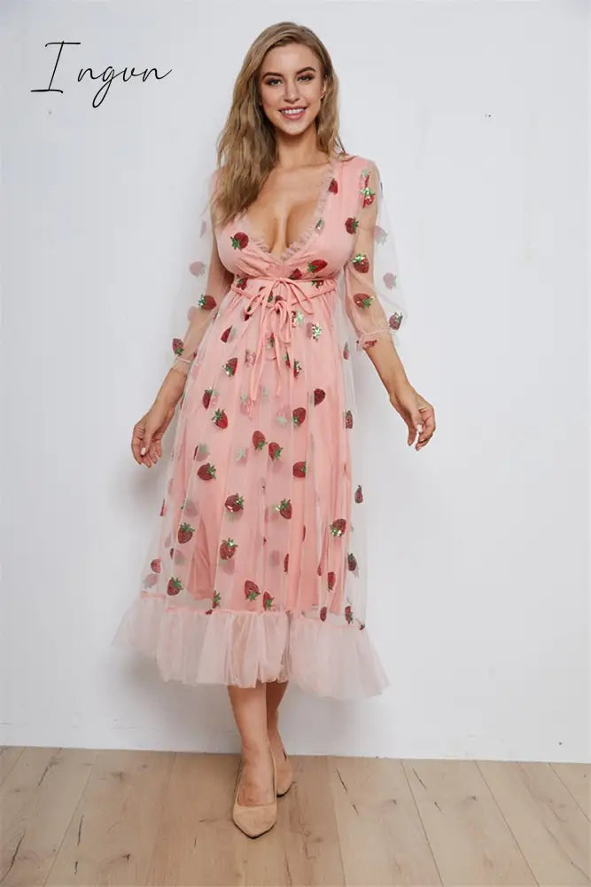 Ingvn - Strawberry Dress Women Fashion Deep V Puff Sleeve Sweet Voile Mesh Sequins Embroidery French Party Dresses 4XL 5XL