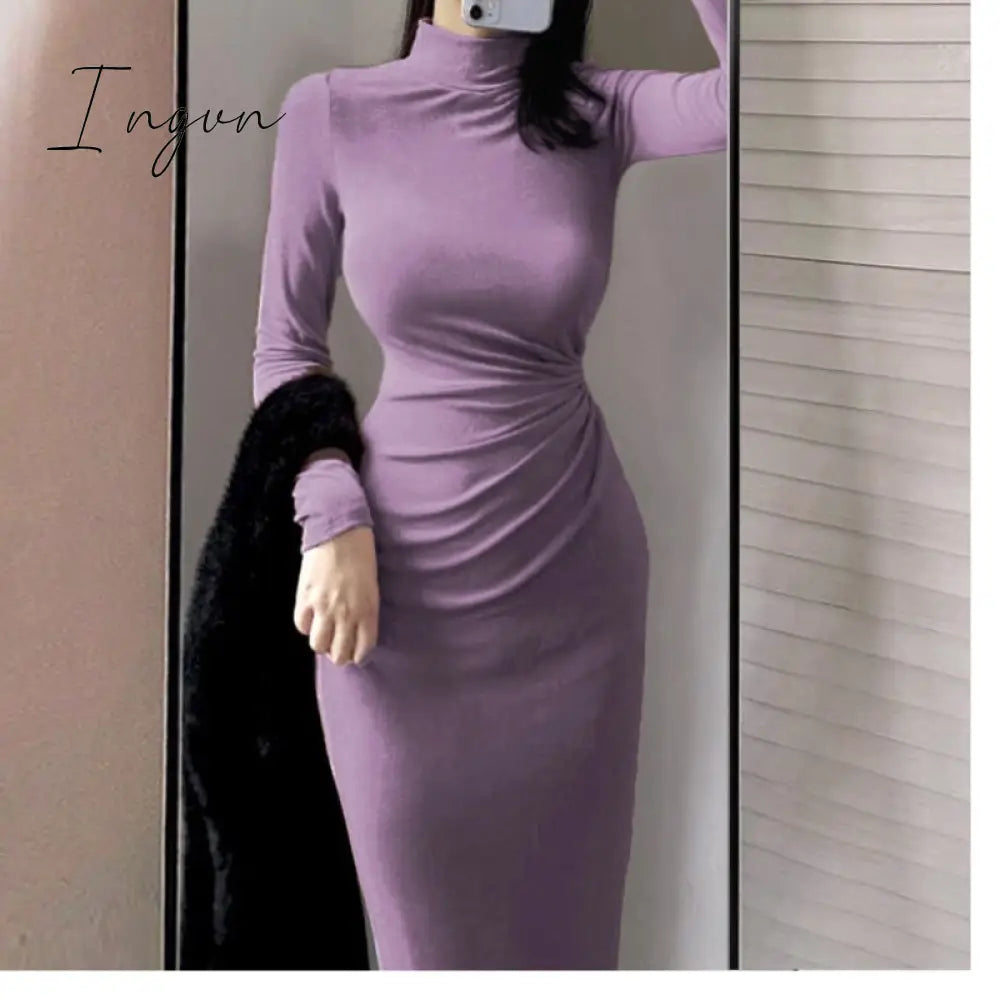Ingvn - Women Autumn Turtleneck Dress Female Slim Elastic Oversized Basic Bodycon Sweater Dress Ladies Knit Warm Long Party Dresses