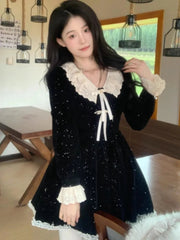 Elegant Lace Patchwork Velvet Dress Women French Style V-Neck Long Sleeve Slim A-Line Party Robe Vintage Evening Prom Vestidos